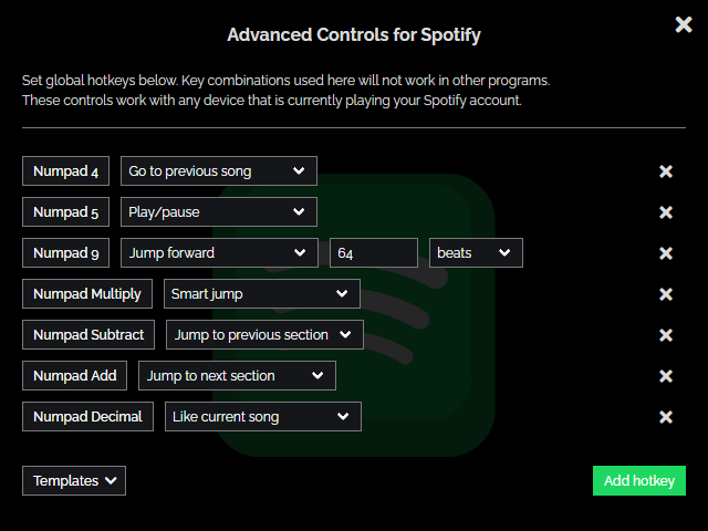Hotkey setup window of Advanced Controls for Spotify, with numpad keys bound to actions like Play/pause, Smart jump and Jump forward by 64 beats